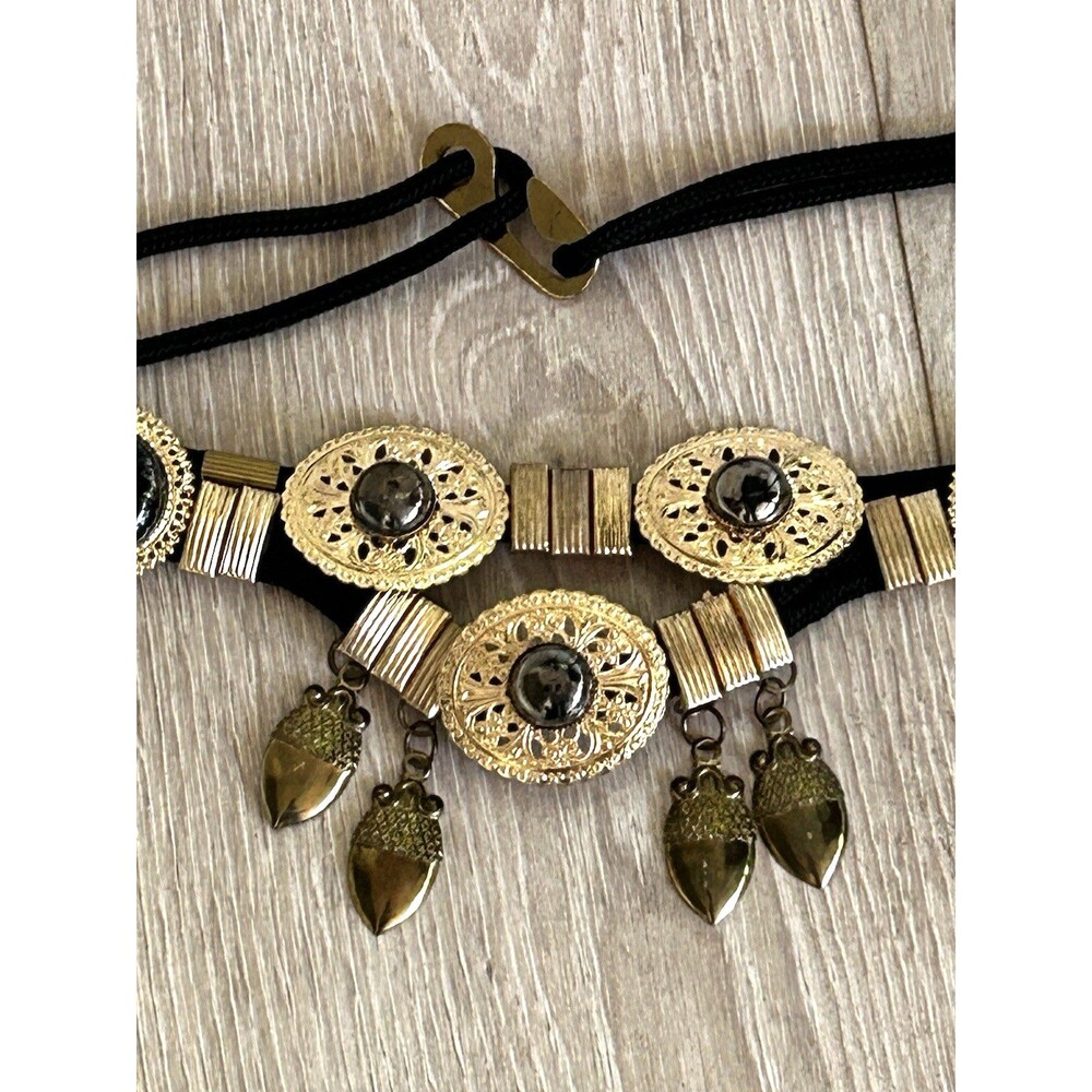 Boho Statement Belt Gold Metallic Concho Medallion Festival One Size Acorn Charm - Picture 3 of 8
